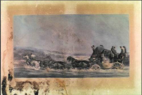 Engraving, before conservation. Artwork damaged with fungus and water Engraving, before conservation. Artwork damaged with fungus and water